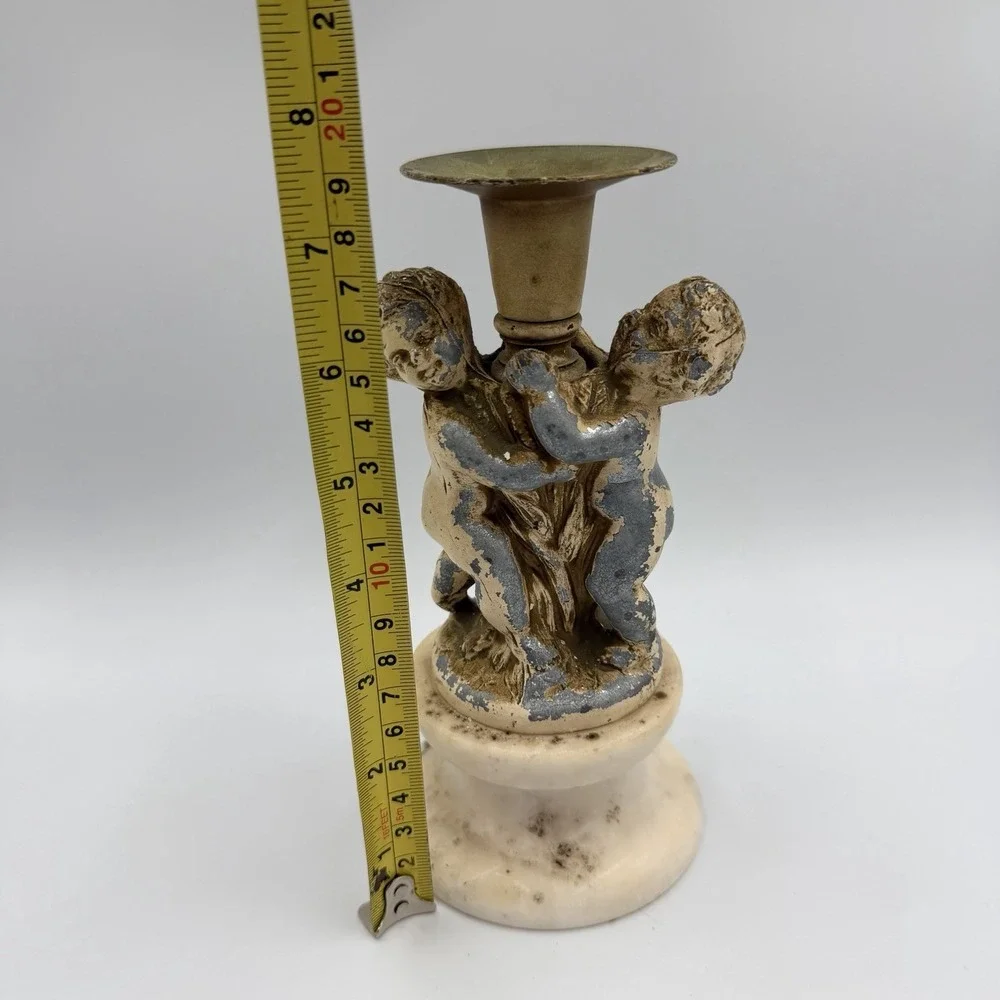 Vintage Italian Alabaster Marble Cherub Candlestick Holders Set - Made In Italy